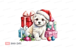 Fluffy white puppy wearing santa hat with gifts christmas Product Image 1