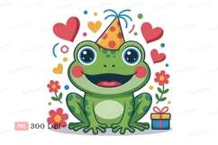 Happy frog wearing party hat with hearts and flowers Product Image 1