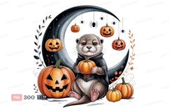 Otter holding pumpkin with Halloween decorations moon Product Image 1
