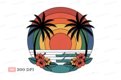 Tropical sunset beach scene with palm trees and flowers Product Image 1