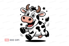 Happy cartoon cow jumping with stars black white Product Image 1