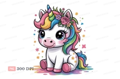 Cute cartoon unicorn with rainbow mane and flowers Product Image 1