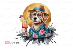 Dog wearing Hawaiian shirt and hat holding cocktail Product Image 1
