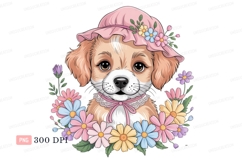 Adorable puppy wearing pink hat surrounded by flowers Product Image 1