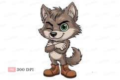 Winking wolf with green eyes and boots cartoon Product Image 1