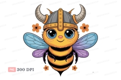 Cute bee warrior with horns and flowers insect viking Product Image 1
