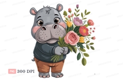 Cute hippo holding colorful flowers animal cartoon Product Image 1