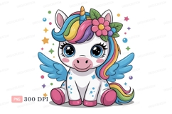 Cute winged unicorn with rainbow mane and flower image Product Image 1