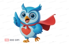 Blue owl superhero with red cape and heart image Product Image 1