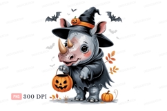 Cute rhino witch with pumpkin basket halloween bats Product Image 1