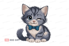 Fluffy grey kitten winks blue bow winking Product Image 1
