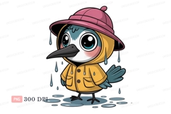 Cute bird in yellow raincoat and pink hat image Product Image 1