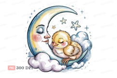 Sleeping chick rests on crescent moon clouds Product Image 1