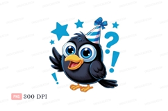 Cheerful black bird wearing party hat blue Product Image 1