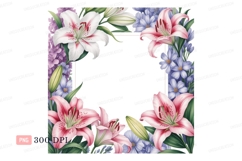 Pink white lilies purple flowers border image Product Image 1