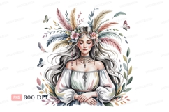 Woman adorned with feathers flowers butterflies headdress Product Image 1