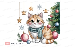 Orange tabby cat wearing scarf near Christmas tree Product Image 1