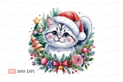 Fluffy cat wearing Santa hat with festive wreath kitten Product Image 1
