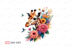 Giraffe surrounded by colorful flowers and hummingbirds Product Image 1