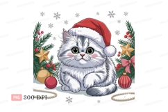 Fluffy kitten wearing Santa hat surrounded by Christmas deco Product Image 1