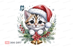Kitten wearing Santa hat surrounded by Christmas foliage Product Image 1