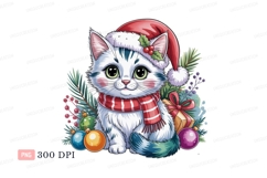 Fluffy kitten wearing christmas hat and scarf festive Product Image 1