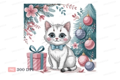 Fluffy kitten with blue bow and gift white pink Product Image 1