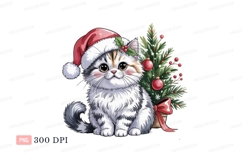 Fluffy kitten wearing santa hat near christmas tree Product Image 1