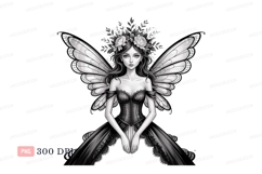 Black fairy with floral crown and wings woman Product Image 1