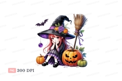 Cute witch with pumpkins and broom halloween Product Image 1