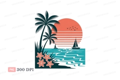 Tropical sunset sailboats ocean palms trees Product Image 1
