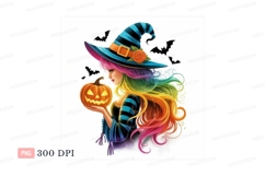 Witch holding glowing pumpkin with colorful hair halloween Product Image 1