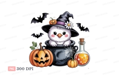 Cute chick wearing witch hat with pumpkins and potion Product Image 1