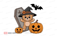 Cute bear witch with pumpkins and coffin image Product Image 1