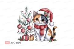 Festive calico cat wearing Santa hat and scarf kitten Product Image 1