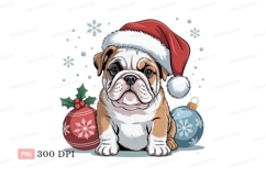 Bulldog wearing Santa hat with festive ornaments puppy Product Image 1