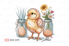 Fluffy chick with Easter eggs and flowers yellow orange Product Image 1