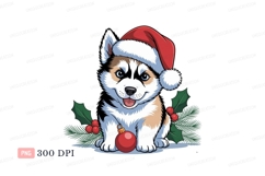 Festive husky puppy wearing santa hat christmas Product Image 1