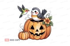Cute birds on Halloween pumpkin autumn black Product Image 1