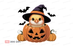 Yellow chick wearing witch hat in carved pumpkin orange Product Image 1