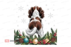 Brown white dog surrounded by festive decorations christmas Product Image 1