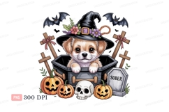 Adorable puppy witch in coffin with Halloween decorations Product Image 1