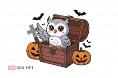 Cute owl in treasure chest with pumpkins halloween Product Image 1