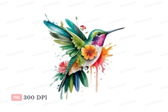 Vibrant hummingbird with floral accents and paint splashes Product Image 1