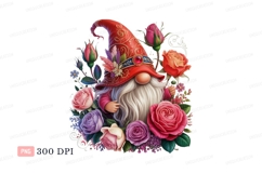 Red hat gnome surrounded by colorful roses pink Product Image 1