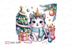 Cute unicorn cat with Christmas decorations tree gifts Product Image 1