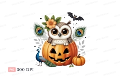 Cute owl in pumpkin with peacock and bat halloween Product Image 1