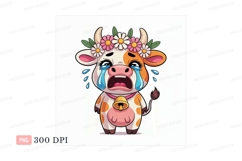 Sad crying cow wearing flower crown and bell flowers Product Image 1