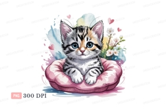 Adorable kitten resting in pink cushion blue Product Image 1