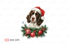 Brown white dog wearing santa hat with christmas ornaments Product Image 1